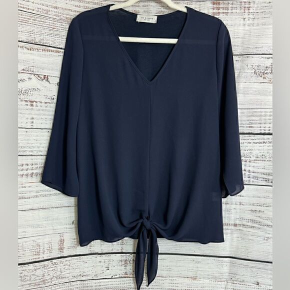 Lola & Sophie Blouse Womens Size Small V Neck tie front Polly Chiffon Navy Blue - Picture 2 of 10